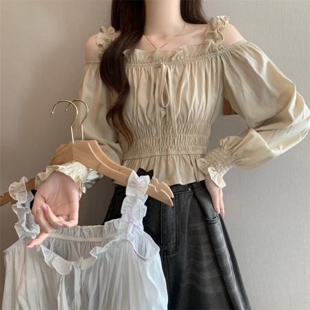 FA37834# 新款方领露肩设计感褶皱长袖衬衫 服裝批發女裝批發服飾貨源