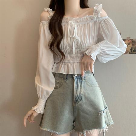 FA37834# 新款方领露肩设计感褶皱长袖衬衫 服裝批發女裝批發服飾貨源