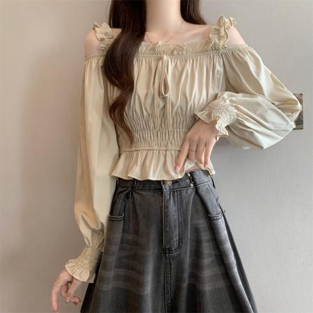 FA37834# 新款方领露肩设计感褶皱长袖衬衫 服裝批發女裝批發服飾貨源