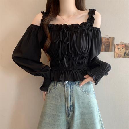 FA37834# 新款方领露肩设计感褶皱长袖衬衫 服裝批發女裝批發服飾貨源