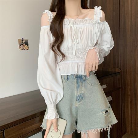 FA37834# 新款方领露肩设计感褶皱长袖衬衫 服裝批發女裝批發服飾貨源