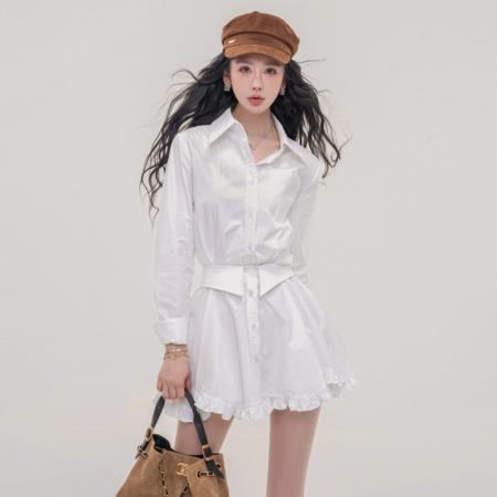 FA37836# 毛妮假两件黑色衬衫裙女秋新款chic高级感千金风荷叶边连衣裙 服裝批發女裝批發服飾貨源