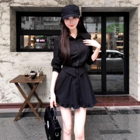 FA37836# 毛妮假两件黑色衬衫裙女秋新款chic高级感千金风荷叶边连衣裙 服裝批發女裝批發服飾貨源