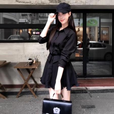 FA37836# 毛妮假两件黑色衬衫裙女秋新款chic高级感千金风荷叶边连衣裙 服裝批發女裝批發服飾貨源