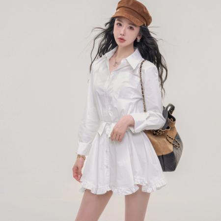 FA37836# 毛妮假两件黑色衬衫裙女秋新款chic高级感千金风荷叶边连衣裙 服裝批發女裝批發服飾貨源