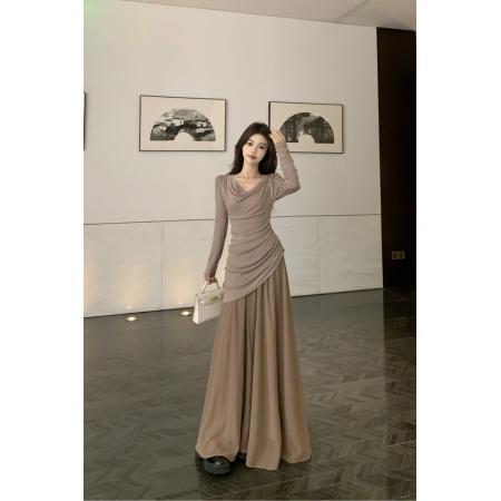 FA37837# 气质拼接网纱连衣裙女早秋高级感荡领修身内搭单穿针织长裙子 服裝批發女裝批發服飾貨源