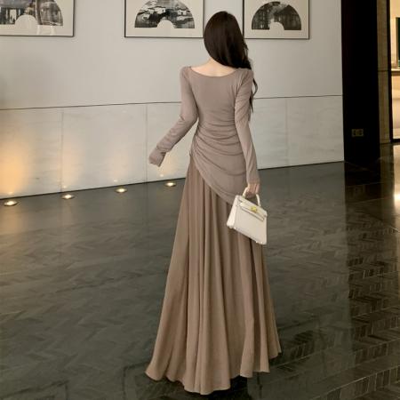 FA37837# 气质拼接网纱连衣裙女早秋高级感荡领修身内搭单穿针织长裙子 服裝批發女裝批發服飾貨源