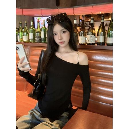 FA37840# 纯棉长袖T恤女斜露肩 服裝批發女裝批發服飾貨源