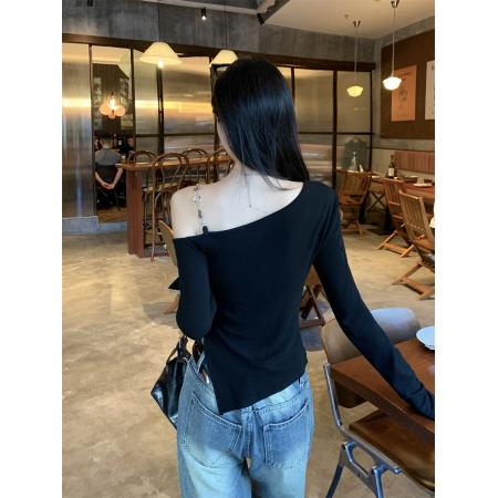FA37840# 纯棉长袖T恤女斜露肩 服裝批發女裝批發服飾貨源
