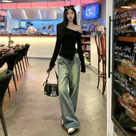 FA37840# 纯棉长袖T恤女斜露肩 服裝批發女裝批發服飾貨源