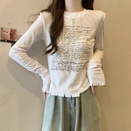 FA37843# 大码字母印花长袖t恤女新款打底衫设计感小众修身短款上衣 服裝批發女裝批發服飾貨源