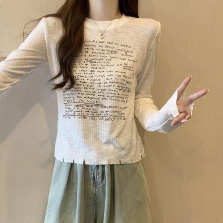 FA37843# 大码字母印花长袖t恤女新款打底衫设计感小众修身短款上衣 服裝批發女裝批發服飾貨源