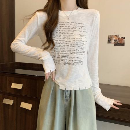 FA37843# 大码字母印花长袖t恤女新款打底衫设计感小众修身短款上衣 服裝批發女裝批發服飾貨源