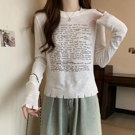 FA37843# 大码字母印花长袖t恤女新款打底衫设计感小众修身短款上衣 服裝批發女裝批發服飾貨源