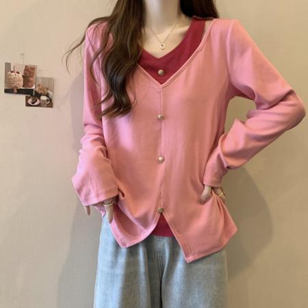 FA37844# 大码设计感假两件开叉T恤女新款气质显瘦遮肉长袖上衣 服裝批發女裝批發服飾貨源