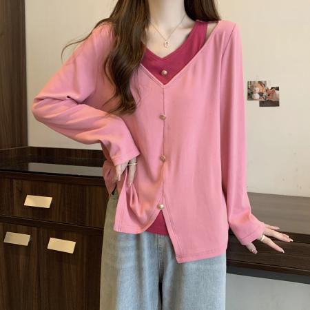 FA37844# 大码设计感假两件开叉T恤女新款气质显瘦遮肉长袖上衣 服裝批發女裝批發服飾貨源