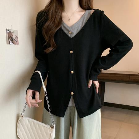 FA37844# 大码设计感假两件开叉T恤女新款气质显瘦遮肉长袖上衣 服裝批發女裝批發服飾貨源