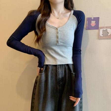 FA37845# 大码辣妹风长袖V领t恤女修身显瘦短款撞色插肩袖打底衫上衣 服裝批發女裝批發服飾貨源