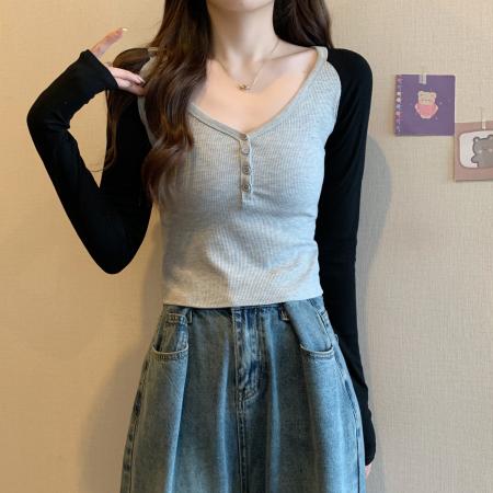 FA37845# 大码辣妹风长袖V领t恤女修身显瘦短款撞色插肩袖打底衫上衣 服裝批發女裝批發服飾貨源
