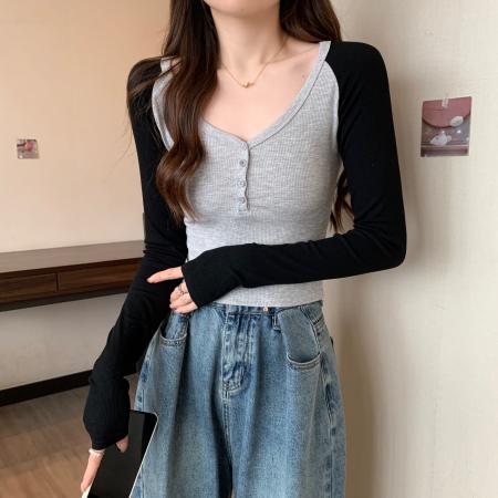 FA37845# 大码辣妹风长袖V领t恤女修身显瘦短款撞色插肩袖打底衫上衣 服裝批發女裝批發服飾貨源