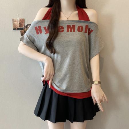 FA37846# 大码胖mm假两件挂脖露肩短袖t恤女夏新款修身显瘦辣妹上衣 服裝批發女裝批發服飾貨源