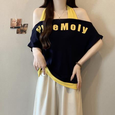 FA37846# 大码胖mm假两件挂脖露肩短袖t恤女夏新款修身显瘦辣妹上衣 服裝批發女裝批發服飾貨源
