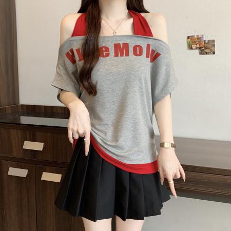 FA37846# 大码胖mm假两件挂脖露肩短袖t恤女夏新款修身显瘦辣妹上衣 服裝批發女裝批發服飾貨源