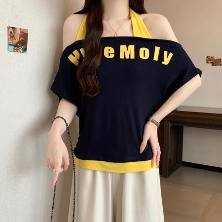 FA37846# 大码胖mm假两件挂脖露肩短袖t恤女夏新款修身显瘦辣妹上衣 服裝批發女裝批發服飾貨源
