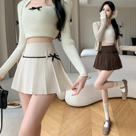 FA37848# 灯芯绒纯欲甜辣蝴蝶结jk百褶裙女秋冬款高校女团半身裙短裙 服裝批發女裝批發服飾貨源