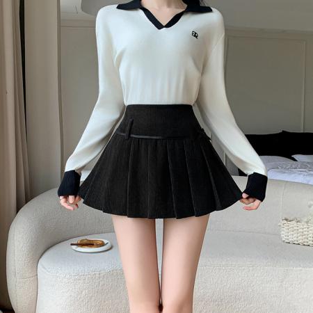 FA37848# 灯芯绒纯欲甜辣蝴蝶结jk百褶裙女秋冬款高校女团半身裙短裙 服裝批發女裝批發服飾貨源