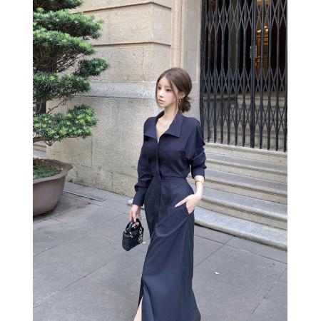 FA37850# 蓝色回忆复古纽扣设计感简约款百搭秋冬衬衣裙 服裝批發女裝批發服飾貨源