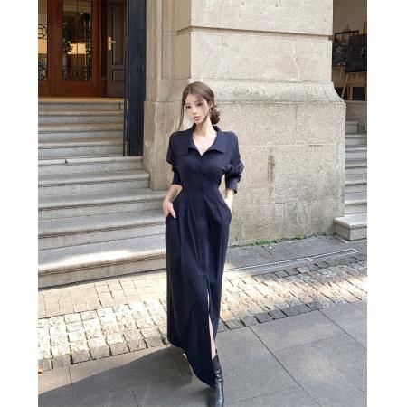 FA37850# 蓝色回忆复古纽扣设计感简约款百搭秋冬衬衣裙 服裝批發女裝批發服飾貨源