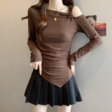 FA37851# 秋季新款时尚小众不规则设计感打底长袖小衫显瘦款上衣女装 服裝批發女裝批發服飾貨源