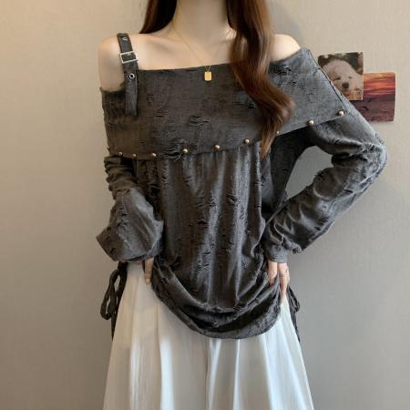 FA37852# 秋季新款时尚女装一字肩显瘦胖妹妹长袖打底上衣设计感女装 服裝批發女裝批發服飾貨源