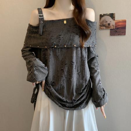 FA37852# 秋季新款时尚女装一字肩显瘦胖妹妹长袖打底上衣设计感女装 服裝批發女裝批發服飾貨源