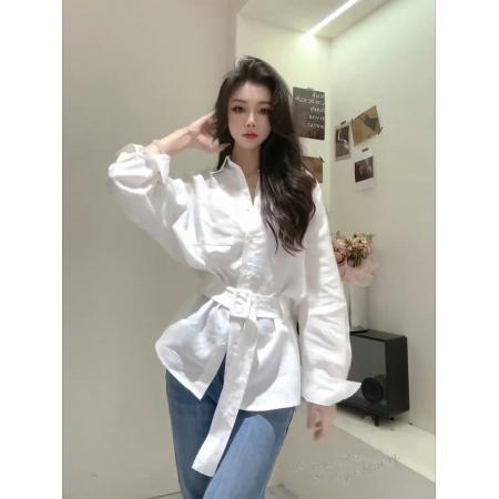 FA37857# 高级感收腰白色长袖衬衫上衣春夏新款显瘦气质减龄小衬衫衣女 服裝批發女裝批發服飾貨源