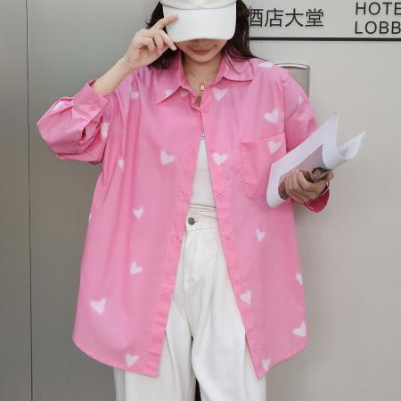 FA37862# 韩版春秋爱心印花衬衫原宿风休闲宽松百搭设计感衬衣外套女 服裝批發女裝批發服飾貨源