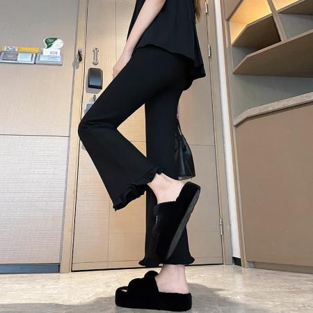 FA37863# 黑色木耳边微喇裤女夏季薄款高腰显瘦休闲九分西装喇叭裤 服裝批發女裝批發服飾貨源