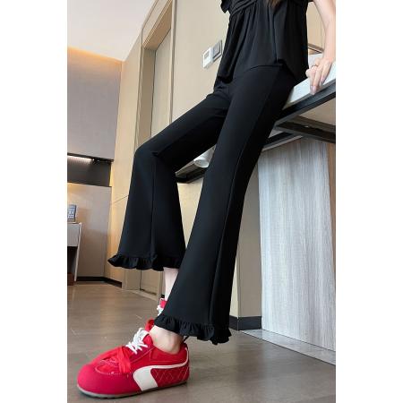FA37863# 黑色木耳边微喇裤女夏季薄款高腰显瘦休闲九分西装喇叭裤 服裝批發女裝批發服飾貨源