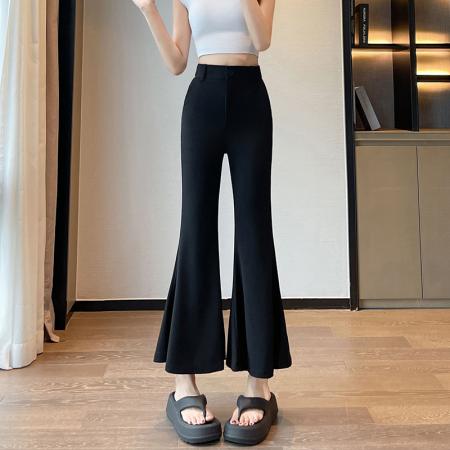 FA37865# 黑色西装微喇裤女5夏季高腰显瘦垂感弹力休闲大喇叭裤九分裤 服裝批發女裝批發服飾貨源