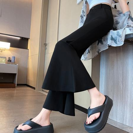 FA37865# 黑色西装微喇裤女5夏季高腰显瘦垂感弹力休闲大喇叭裤九分裤 服裝批發女裝批發服飾貨源