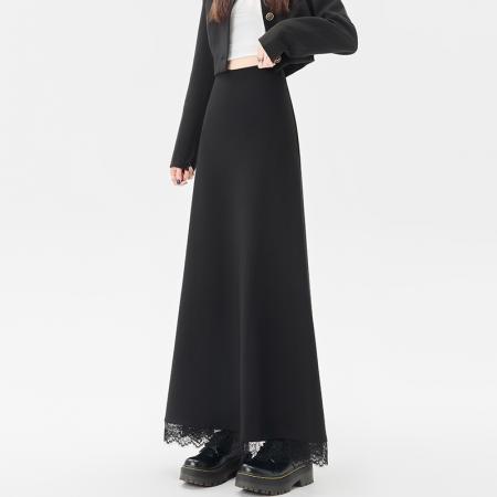 FA37867# 蕾丝拼接黑色西装半身裙女秋季高腰显瘦中长款a字裙伞裙 服裝批發女裝批發服飾貨源