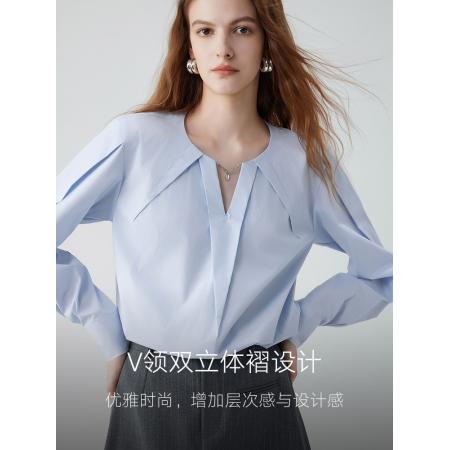 FA37869# 高智淡人蓝色v领短衬衫女秋新款极简通勤风休闲衬衣 服裝批發女裝批發服飾貨源