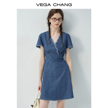 FA37873# 设计感牛仔连衣裙女新款夏季小个子V领蕾丝花边收腰短裙 服裝批發女裝批發服飾貨源
