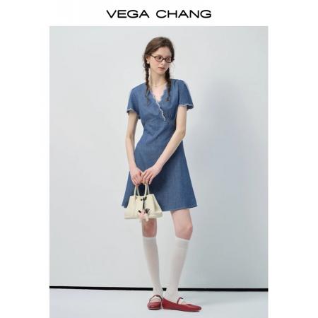 FA37873# 设计感牛仔连衣裙女新款夏季小个子V领蕾丝花边收腰短裙 服裝批發女裝批發服飾貨源