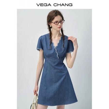 FA37873# 设计感牛仔连衣裙女新款夏季小个子V领蕾丝花边收腰短裙 服裝批發女裝批發服飾貨源
