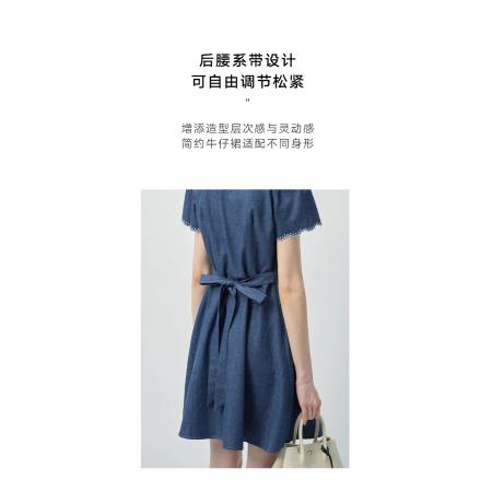 FA37873# 设计感牛仔连衣裙女新款夏季小个子V领蕾丝花边收腰短裙 服裝批發女裝批發服飾貨源