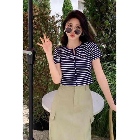 FA37875# 条纹短袖T恤女装夏季新款别致体恤修身显瘦法式短款上衣 服裝批發女裝批發服飾貨源