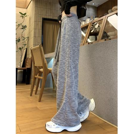 FA37879# 秋装新款宽松阔腿裤慵懒bf黑白斜条纹休闲直筒运动裤潮 服裝批發女裝批發服飾貨源