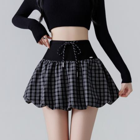 FA37885# 休闲抽绳格子灯笼短裙女新款高腰显瘦A字蓬蓬半身裙 服裝批發女裝批發服飾貨源